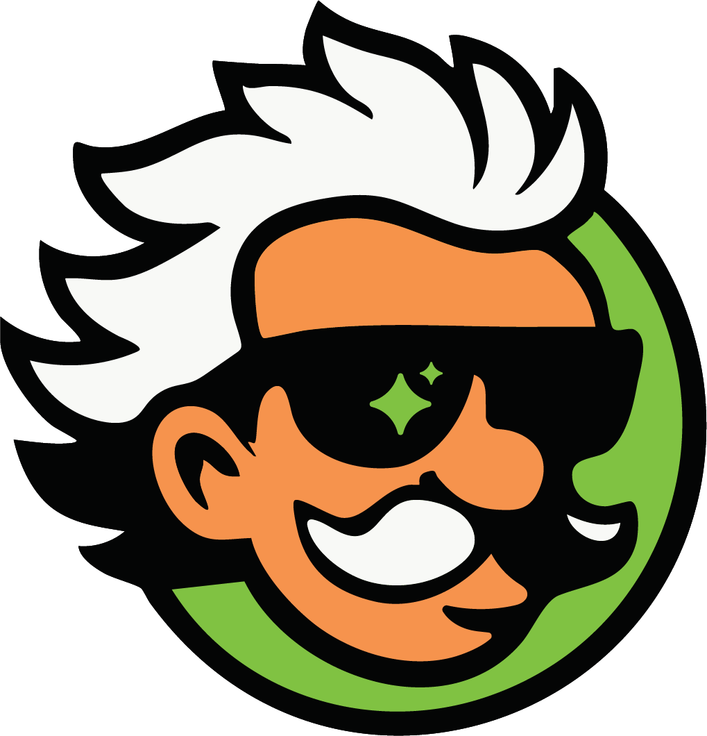 RogIQ logo mark — Professor Rogue head with lime disc, transparent background