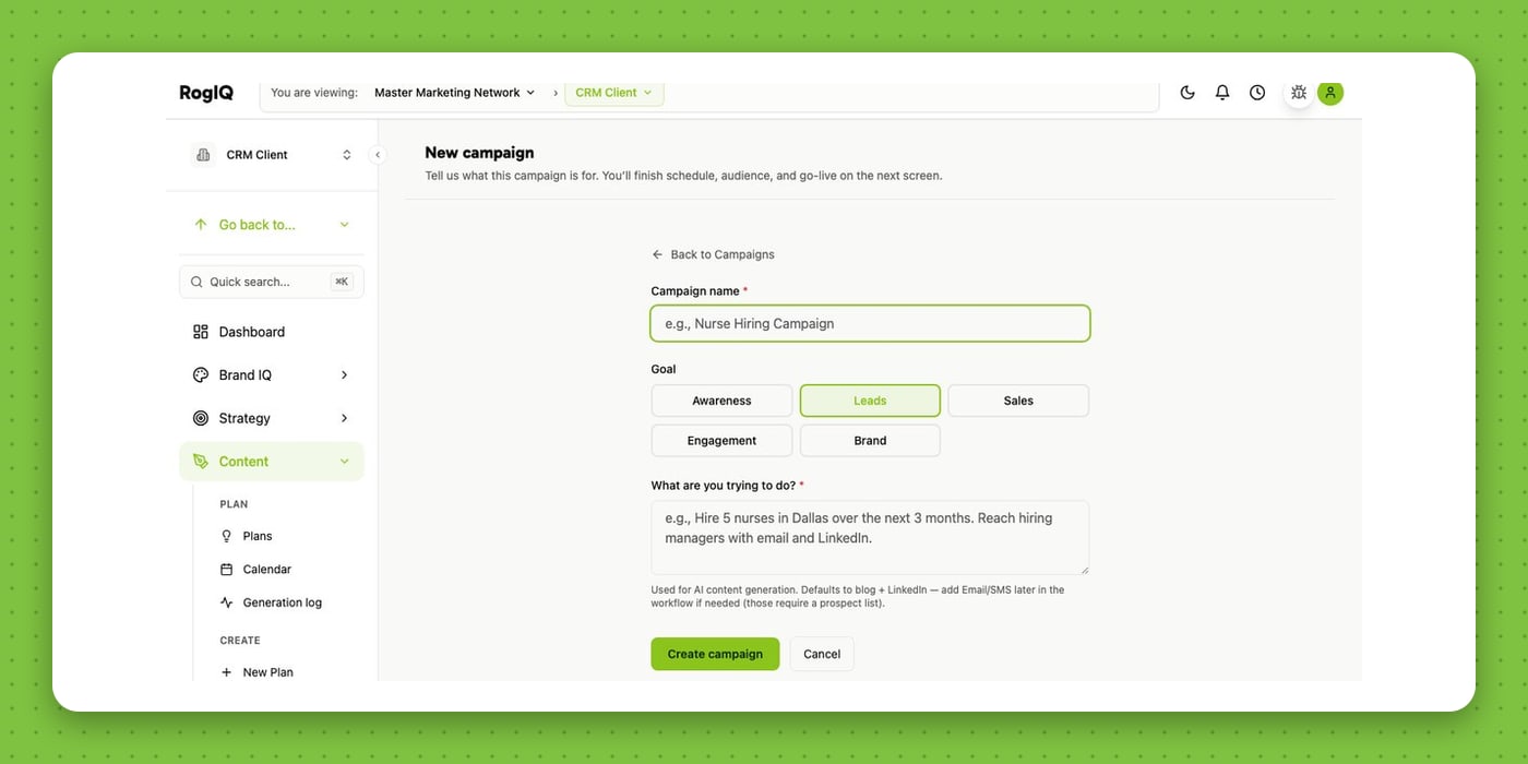 Campaigns — create and brief