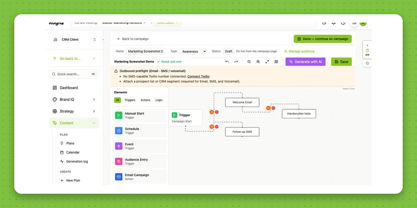Campaigns — workflow canvas with Handwrytten