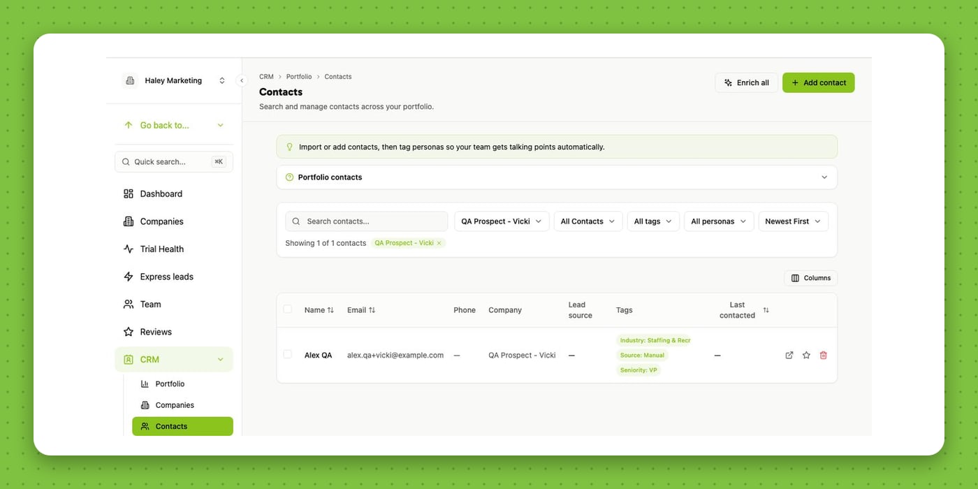 RogIQ CRM — contacts list