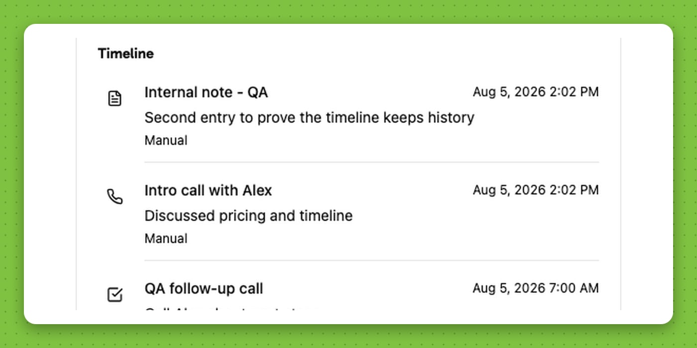 RogIQ CRM — contact timeline